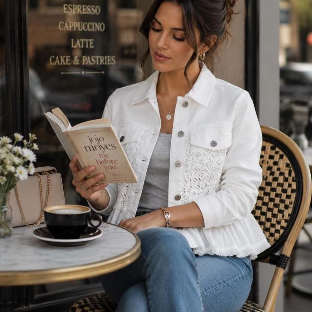 Baccini White Denim Western Jacket with Lace and Ruffle Detail